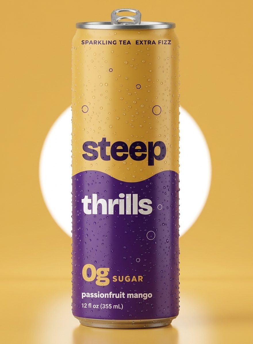 Steep Thrills passionfruit mango sparkling tea can: 0g sugar, 12 fl oz